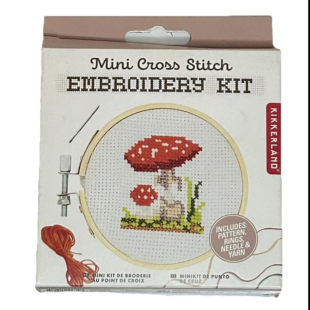 Kikkerland Mini Cross Stitch Embroidery Kit Mushrooms